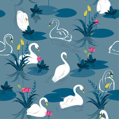 Seamless pattern of swans in the lake. Vector illustration.For fashion fabric and all prints
