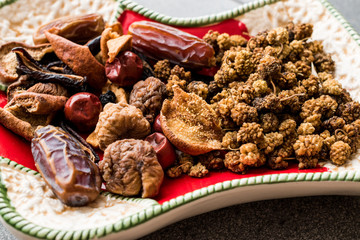 Various Dried Fruits Date, Fig, Mulberry, Apricot and Jujube Assortment in Selection Plate.
