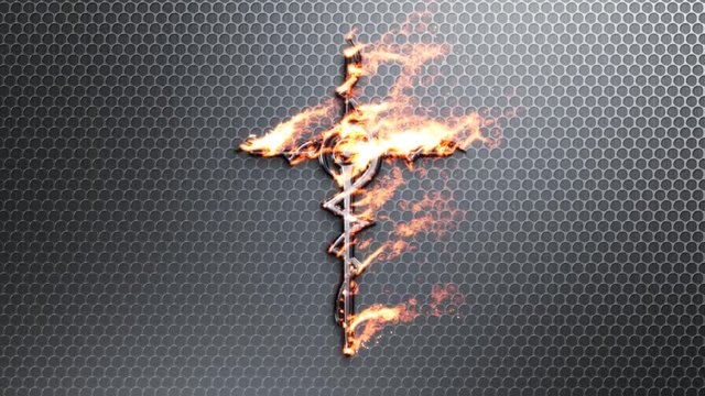 Flaming Metal Tribal Cross 4K features a blank metallic screen that bursts into flame and a metal tribal cross design appears in the flames and then flames extinguish leaving the cross only.
