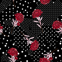 Polka dots pattern mix in different size of circle on top with oriental blooming red flowers seamless pattern vector for fashion fabric and all prints