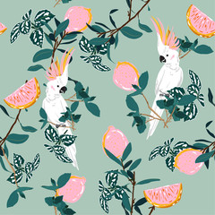 Materiał do szycia Sweet pastel forest print. Parrot bird in the jungle with lemon in the summer exotic wild life allover design, seamless pattern vector for fashion ,