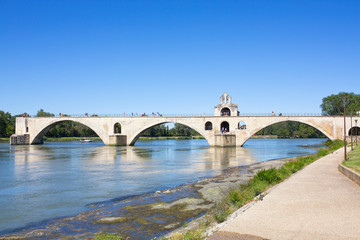 View of the Pont Saint-Benezet or Pont d'Avignon bridge, in Avignon, France, over the Rhone River.
