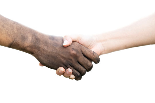   close up man and woman shake hand with a dirty hand and a clean on white background, making an agreement, Stained