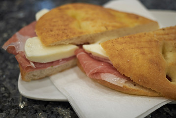 Focaccia with parma ham and mozzarella cheese