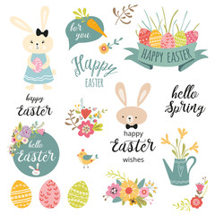 Set of cute Easter cartoon rabbits flowers eggs typography spring quote design elements