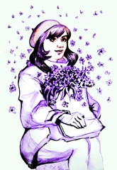 Graphic drawing - a girl sits and holds a package with flowers on her lap