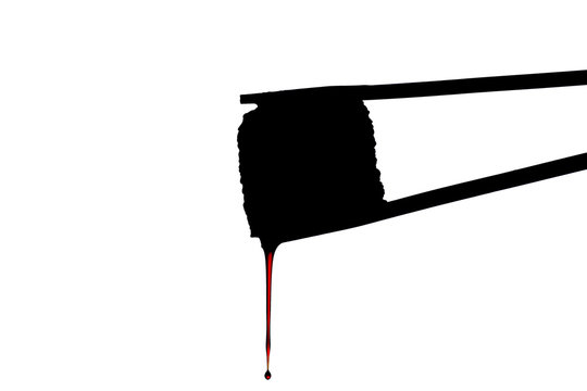 recommend clip art: sushi silhouette with drops of sauce flowing down on white isolated background, roll between chopsticks, food background, Japanese cuisine