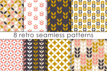 Set of floral seamless pattern in scandinavian style. Retro geometric textures collection. Vector wallpaper. - obrazy, fototapety, plakaty