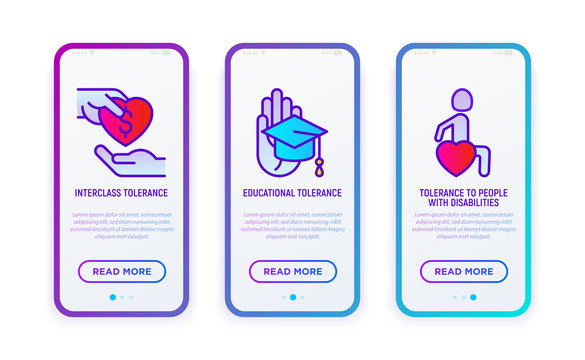 Tolerance thin line icons set: educational, interclass, for disability. Vector illustration for user mobile interface.