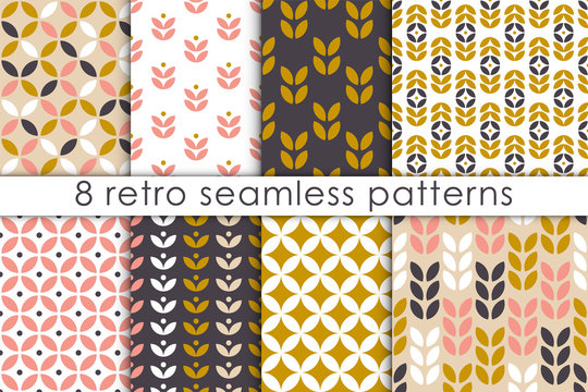 Set of floral seamless pattern in scandinavian style. Retro geometric textures collection. Vector wallpaper.