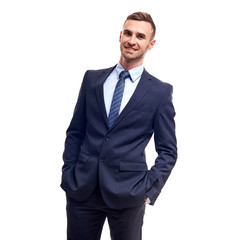 business, people and office concept - happy smiling businessman in suit