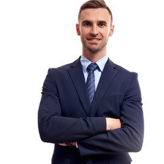 business, people and office concept - happy smiling businessman in suit