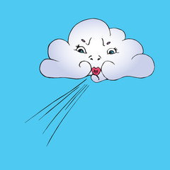 Cloud with funny face blowing wind from it`s lips, hand drawn doodle, sketch isolated on bright blue vector illustration