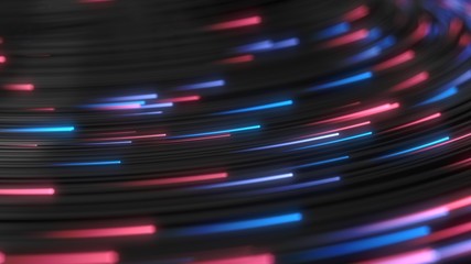 black strings with glowing red and blue heads in dark. 3d illustration