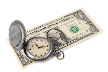 One-dollar bill of the United States which is retro pocket watch with scratches. The concept of time is money, time management or advertising watchmaking shop. Isolated on white background. Copyspace.