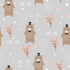 Seamless pattern with cute bear in Scandinavian style. For print. Hand-drawn. Valentine's day. - 240275363