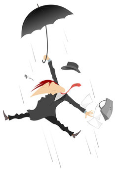 Storm or hurricane and man flies with umbrella illustration. Whirlwind, rain and businessman with umbrella lost hat, glasses and bag isolated on white illustration
