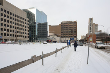 Winnipeg Downtown Street Covered by Snow. Winter Season.
