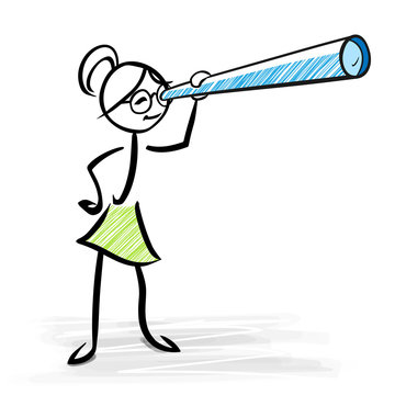 Woman looking through telescope - Business vision concept - vector stick figure illustration