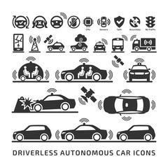 Obraz premium Driverless autonomous car icons set. Self-driving smart intelligent vehicle symbols.
