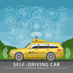 Intelligent driverless car mockup with outline editable stroke icons. Self-driving autonomous vehicle with background.