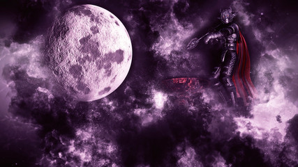 3D rendering of Warrior on Tower at moon background