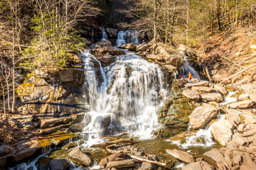 Lower Kaaterskill Falls in the Catskill Mountains in New York on a Spring day.