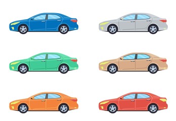 Fototapeta na wymiar Sedan personal car. Side view cars in different colors. Flat style. Vector illustration.