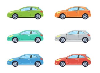 Hatchback personal car. Side view cars in different colors. Flat style. Vector illustration.