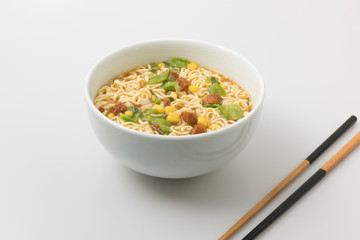 Ramen served in the bowl