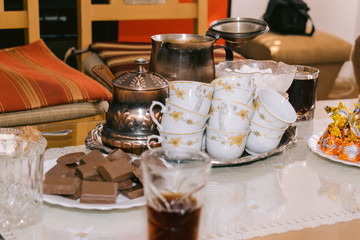 Fototapeta na wymiar coffee and cake, traditional set of coffee cups, bosnia coffee, 