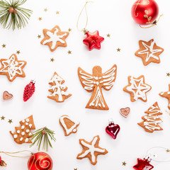 Christmas homemade gingerbread cookies and christmas tree on white table. Christmas banner