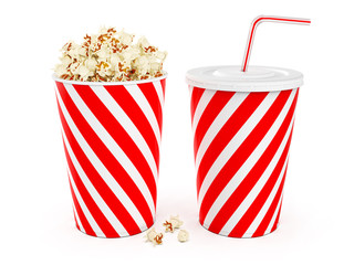 Popcorn und Getränk, isoliert auf weißem Hintergrund, 3D Rendering