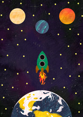 rocket flying from Earth. planets and stars