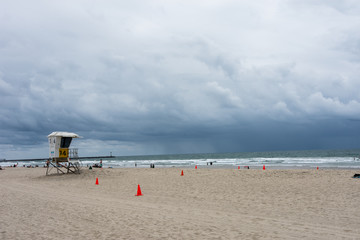 MAY 10 2015 - San Diego California: A thunderstorm rolls in on Mission Beach in San Diego California