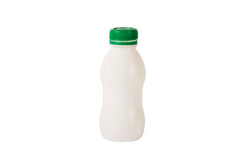 White plastic bottle for yogurt milk with a green lid isolated on a white background. Packaging layout template collection. With clipping path included
