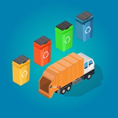 Isometric truck low poly infographic concept of  garbage collect vector set banner.