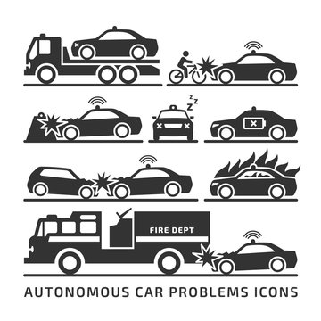 Autonomous car problem and accident vector icon set. Self driving sensor smart vehicle trouble pictogram.