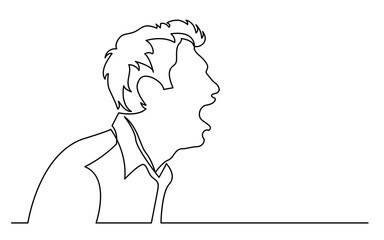 continuous line drawing of isolated on white background profile portrait of angry man screaming