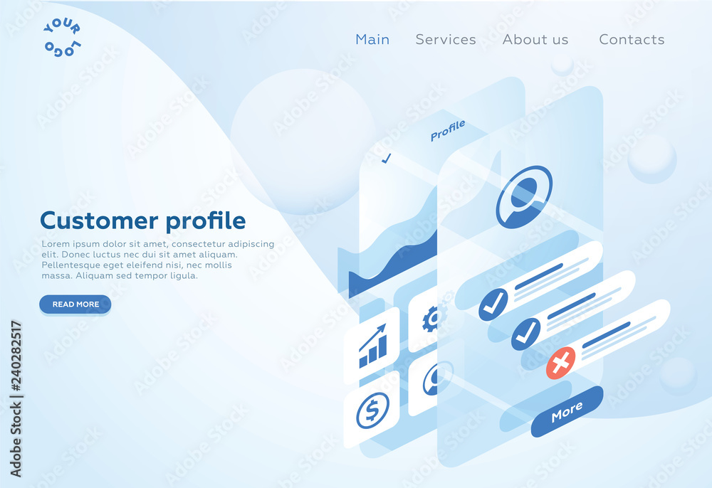 Wall mural build a customer profile in a mobile application. data analysis and office situations. isometric vec