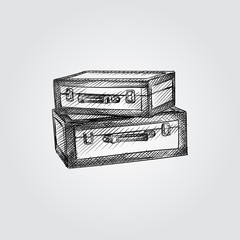 Hand Drawn Vintage suitcases Sketch Symbol isolated on white background. Vector of Hotel elements In Vintage Style. Engraving style pen pencil crosshatch.