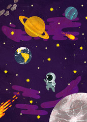 space. astronaut in flight and planets on the background