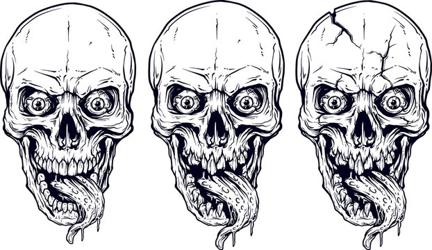 Detailed graphic realistic cool white human skulls with horrible long tongue, crazy eyes and lower jaws. On white background. Vector icon set.