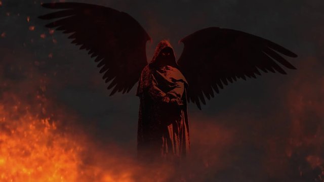 Fallen One features a hooded figure with large wings flapping slightly in a flaming atmosphere