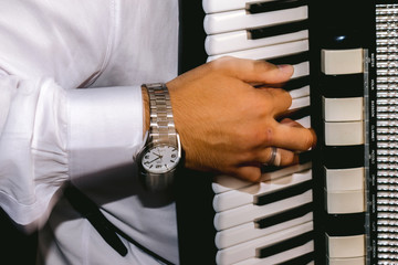 male hand playing the accordion, sense of motion, fingers motion blurred