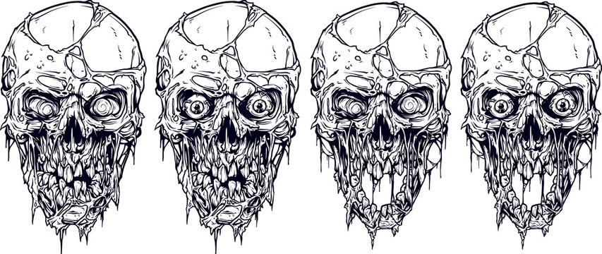 Detailed graphic realistic cool white human skulls with horrible pieces of dead skin, eyes, open mouth and broken teeth. On white background. Vector icon set.