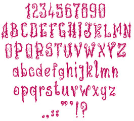 Handrawn curly purple violet font. Gothic style. Vector alphabet, numbers and symbols. Isolated on white background.