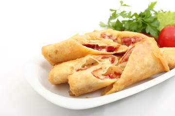 Turkish Pacanga pastry with pastrami on isolated background