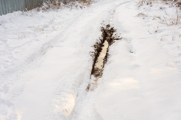 Tire track in the snow to the horizon