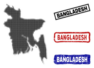 Halftone dot vector abstracted Bangladesh map and isolated black, red, blue rubber-style stamp seals. Bangladesh map title inside draft rectangle frames and with retro rubber texture.